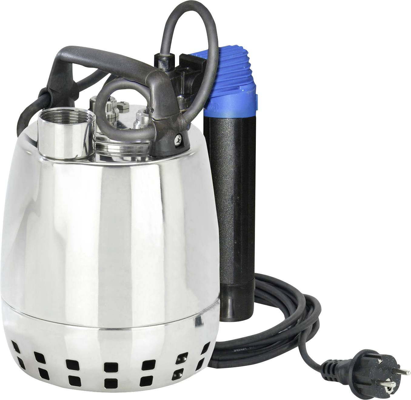 Una pompa idrica sommergibile in acciaio inossidabile con involucro nero e blu, dotata di cavo di alimentazione e spina, progettata per l'estrazione dell'acqua.