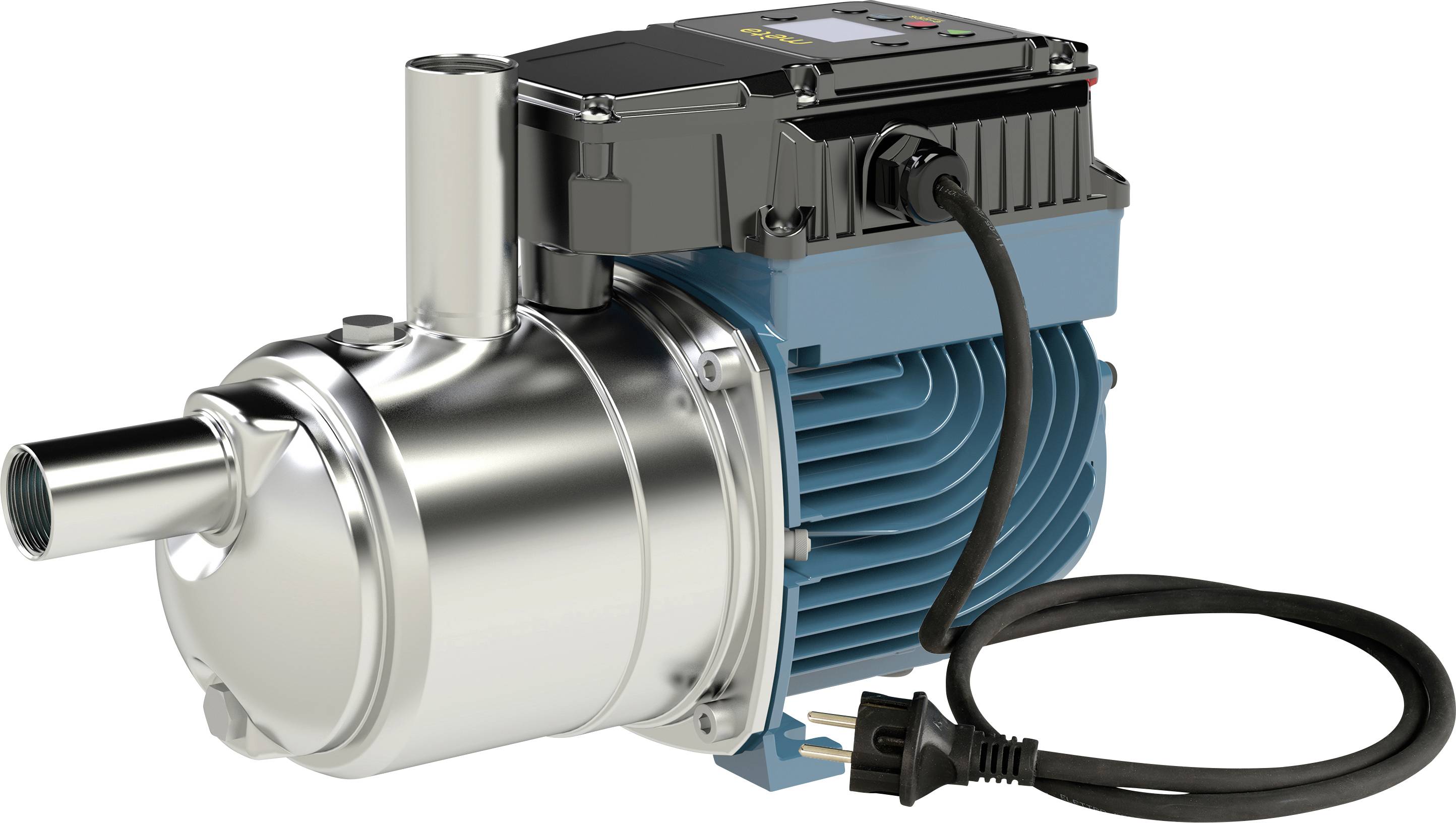 Un motore elettrico blu e argento con corpo metallico cilindrico, scatola di controllo nera e cavo di alimentazione collegato, utilizzato per applicazioni di pompaggio.