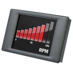 Un display rettangolare mostra un grafico a barre rosso che indica i livelli di RPM da 0 a 10k, con 'RPM' etichettato nell'angolo inferiore destro.