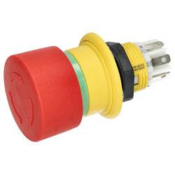 Pulsante di arresto di emergenza rosso con alloggiamento giallo e piedini di connessione; utilizzato nei macchinari per la sicurezza al fine di arrestare rapidamente le operazioni.