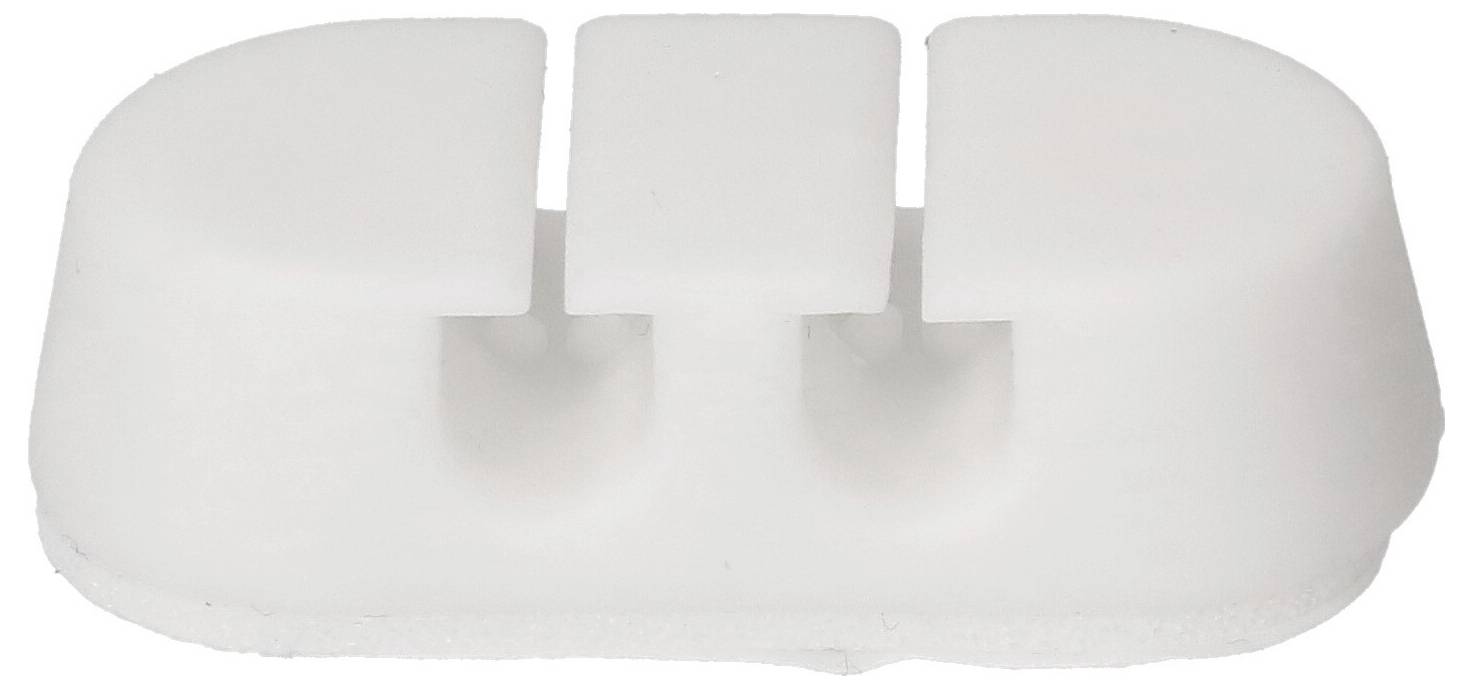 Una piccola pinza in plastica bianca con due fessure verticali, probabilmente utilizzata per fissare cavi o fili.