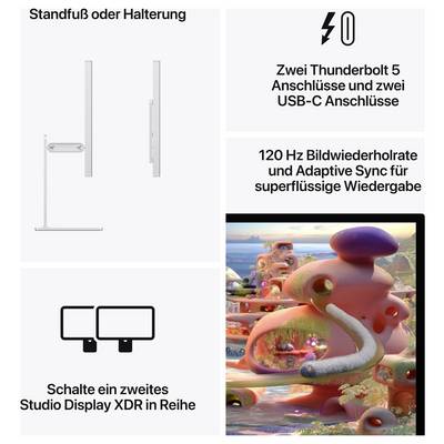 Due Thunderbolt 5 e due porte USB-C. Frequenza di aggiornamento di 120 Hz per una riproduzione fluida. Possibilità di combinare i display Studio Display XDR.