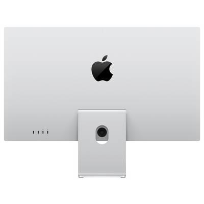 Un monitor per computer argentato visto da dietro, che mostra il logo Apple e multiple connessioni di porta sul lato inferiore sinistro.