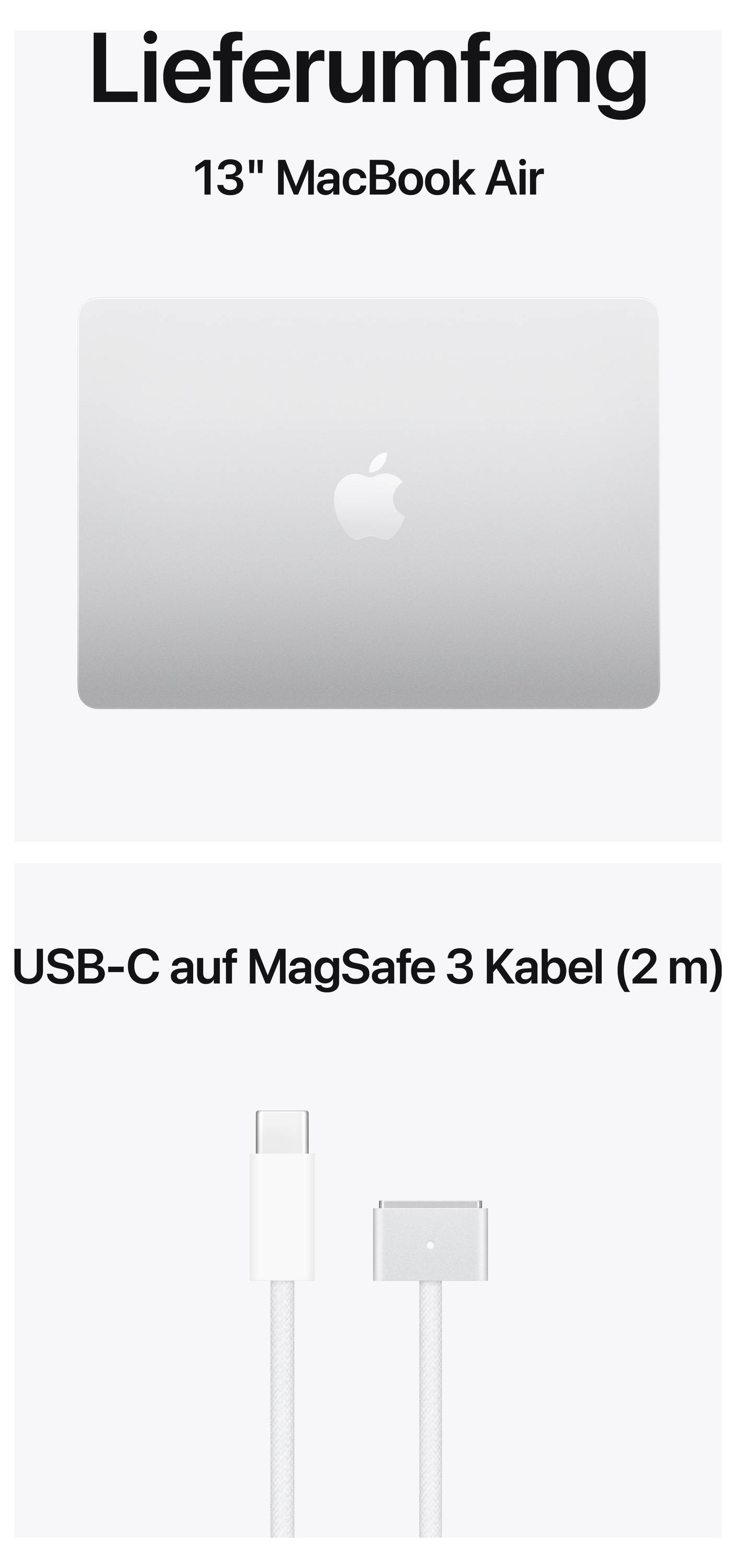 L'immagine mostra il contenuto della confezione di un MacBook Air da 13 pollici, composto dal dispositivo e da un cavo USB-C a MagSafe 3 lungo 2 m.