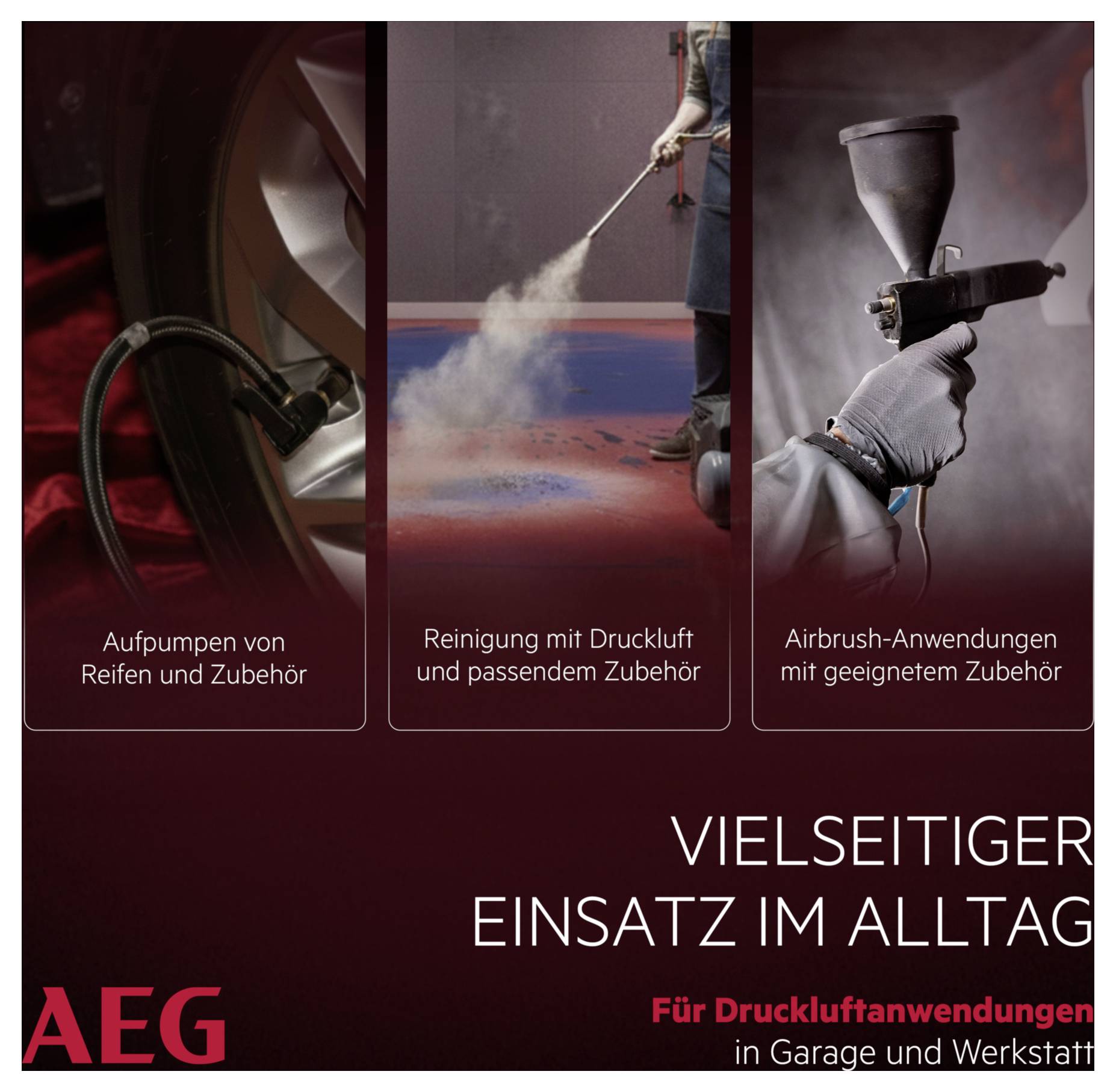 Utilizzo versatile nella vita quotidiana: gonfiaggio di pneumatici, pulizia con aria compressa, applicazioni airbrush. In garage e officina.