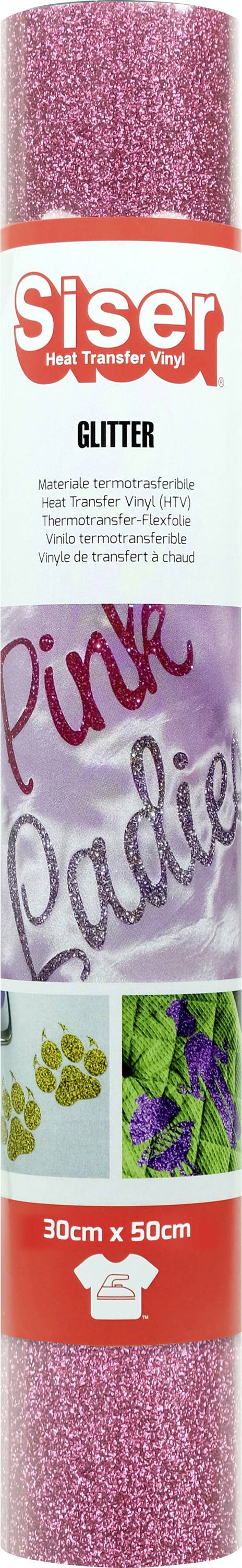 Rotolo di vinile glitterato 'Pink Ladies' con design di scintille rosa, marca 'Siser', dimensioni 30 cm x 50 cm. Adatto per lavori artigianali e decorazione.