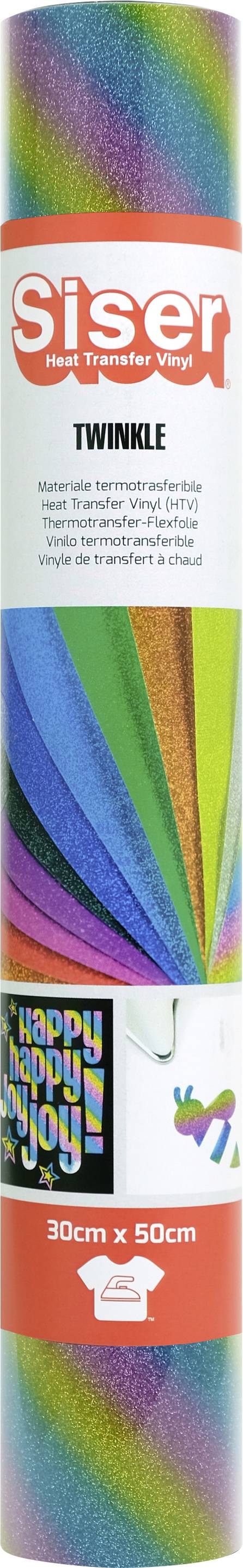 Rotolo di vinile per trasferimento termico Siser TWINKLE colorato con motivo scintillio arcobaleno, etichettato 30 cm x 50 cm.