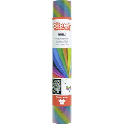 Rotolo di vinile per trasferimento termico Siser TWINKLE colorato con motivo scintillio arcobaleno, etichettato 30 cm x 50 cm.