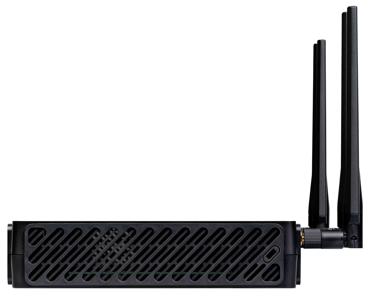 Un modem rettangolare nero con fessure di ventilazione sul lato e tre antenne alte sulla parte superiore, che indicano un focus sulla connettività wireless.