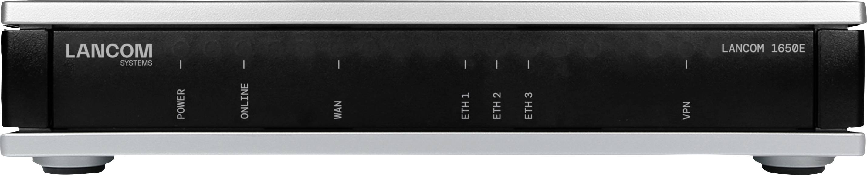Un dispositivo di rete LANCOM nero con porte etichettate: POWER, ONLINE, WAN, ETH 1-4, VPN. Utilizzato per la connettività Internet e la gestione della rete.