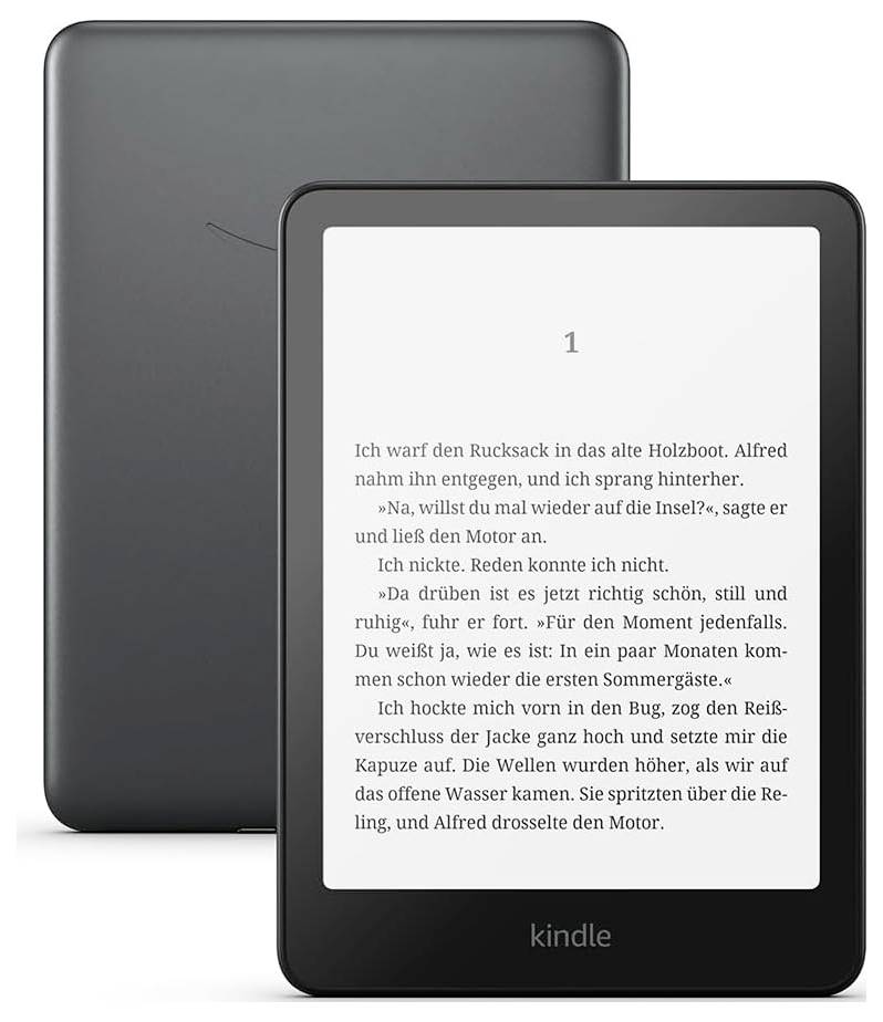 Un e-reader con la pagina del libro aperta mostra il testo 'Allora, vuoi tornare di nuovo sull'isola?', disse lui e avviò il motore. Vista posteriore accanto.