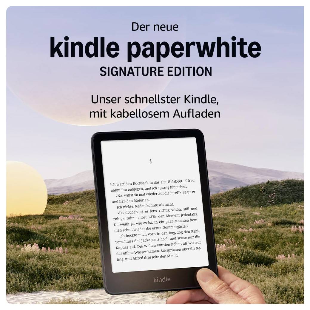 'Il nuovo Kindle Paperwhite Signature Edition con ricarica wireless è mostrato di fronte a un paesaggio al tramonto.'