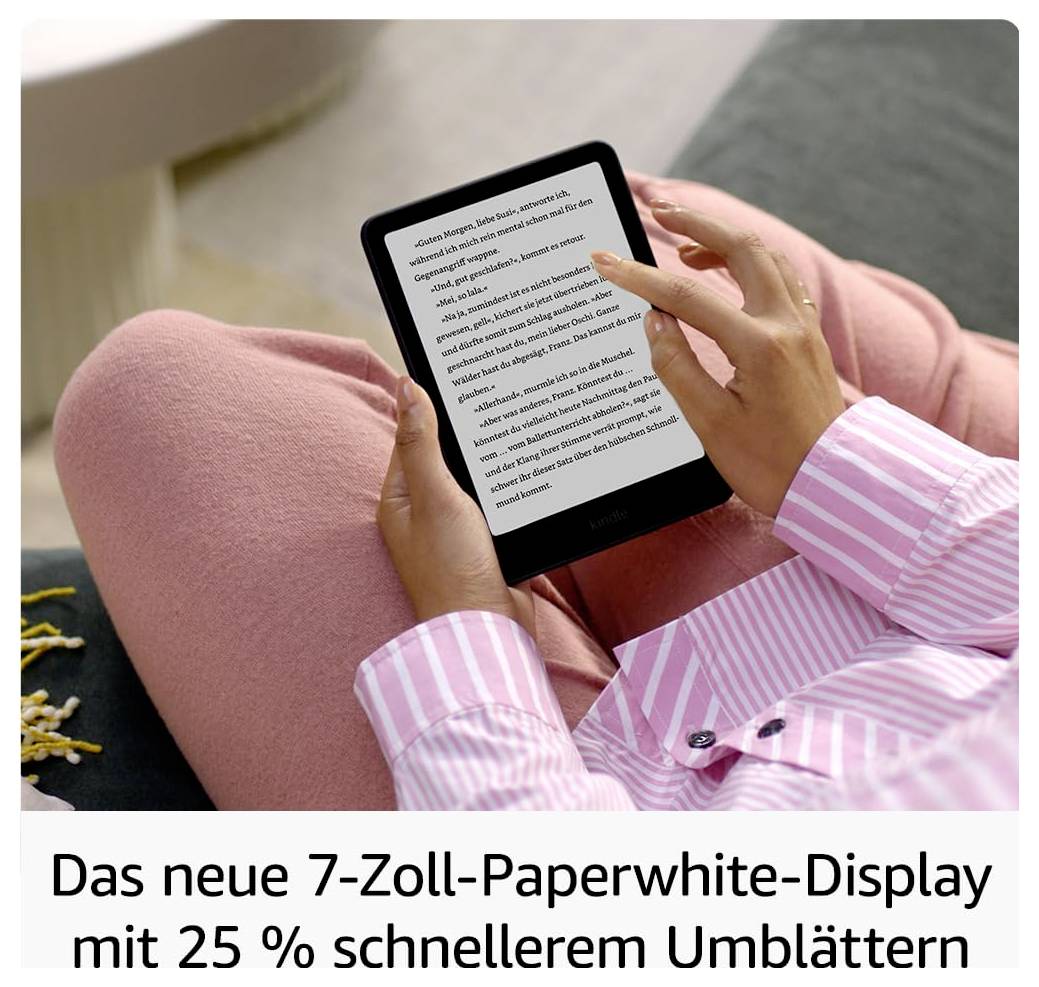 Una persona legge su un e-reader con display Paperwhite da 7 pollici. Testo sottostante: "Il nuovo display Paperwhite da 7 pollici con cambio pagina del 25% più veloce".