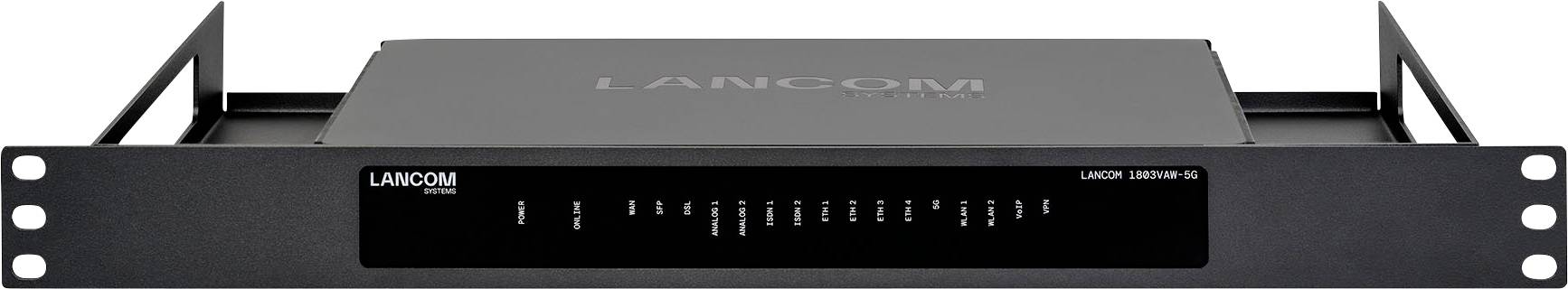 Un router LANCOM 7100 nero montato in un rack, con numerose spie luminose visualizzate sul pannello frontale.