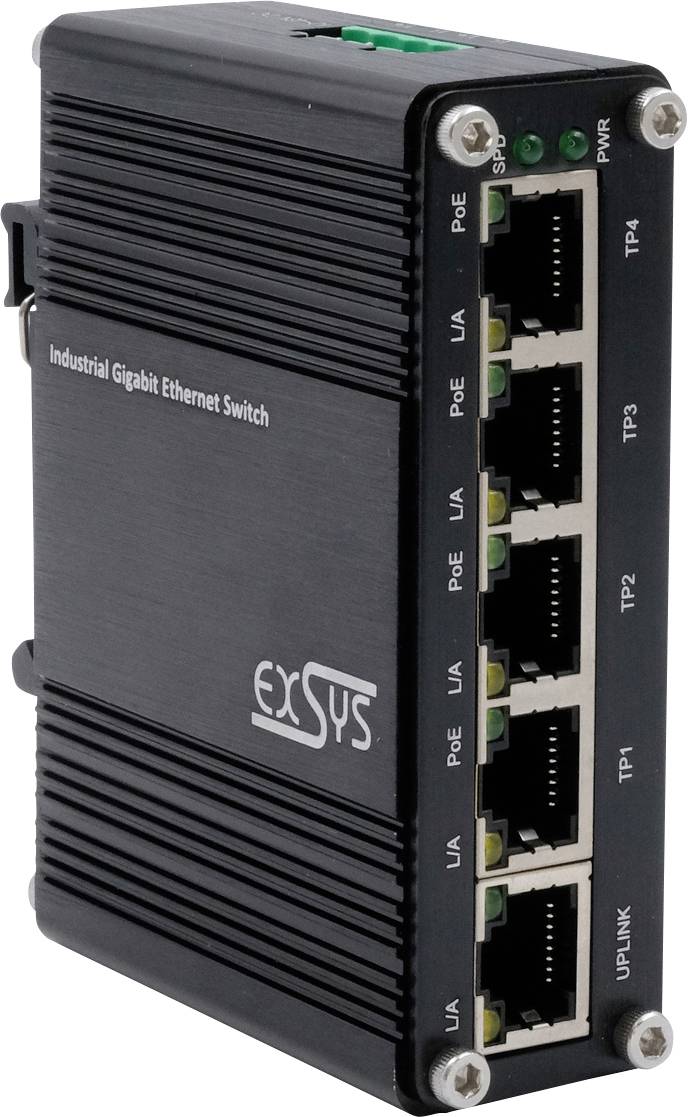 Switch Ethernet Gigabit Industriale con cinque porte etichettate da TP1 a TP4 e Uplink, dotato di indicatori di potenza e robusto case in metallo.