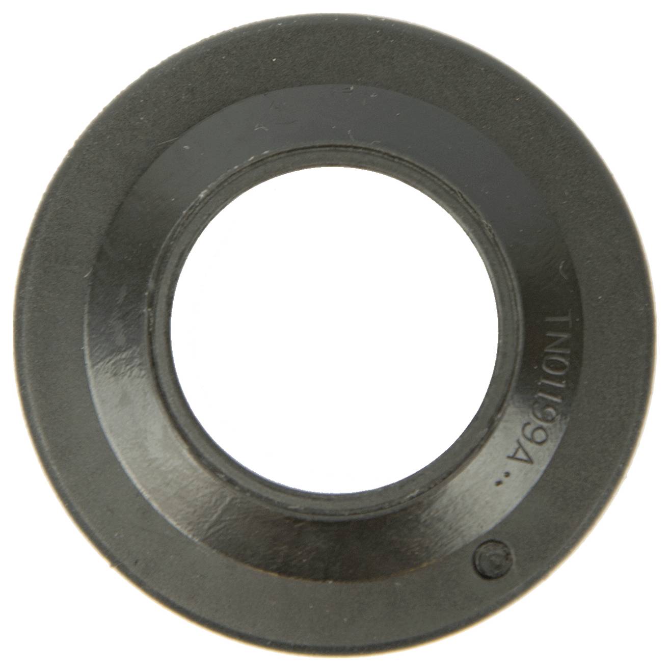Anello circolare nero con un foro centrale, mostrato su uno sfondo bianco, che assomiglia a una rondella metallica o una guarnizione.