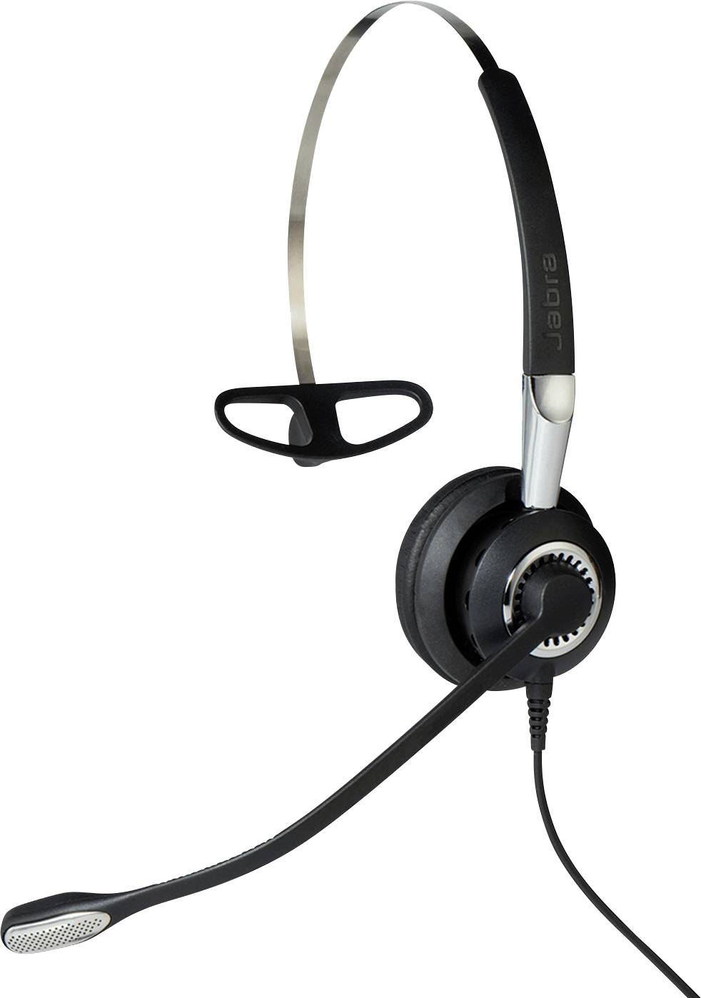 Un auricolare monofono con microfono, dotato di archetto metallico leggero e cuscinetto auricolare nero, adatto all'uso in telecomunicazioni.