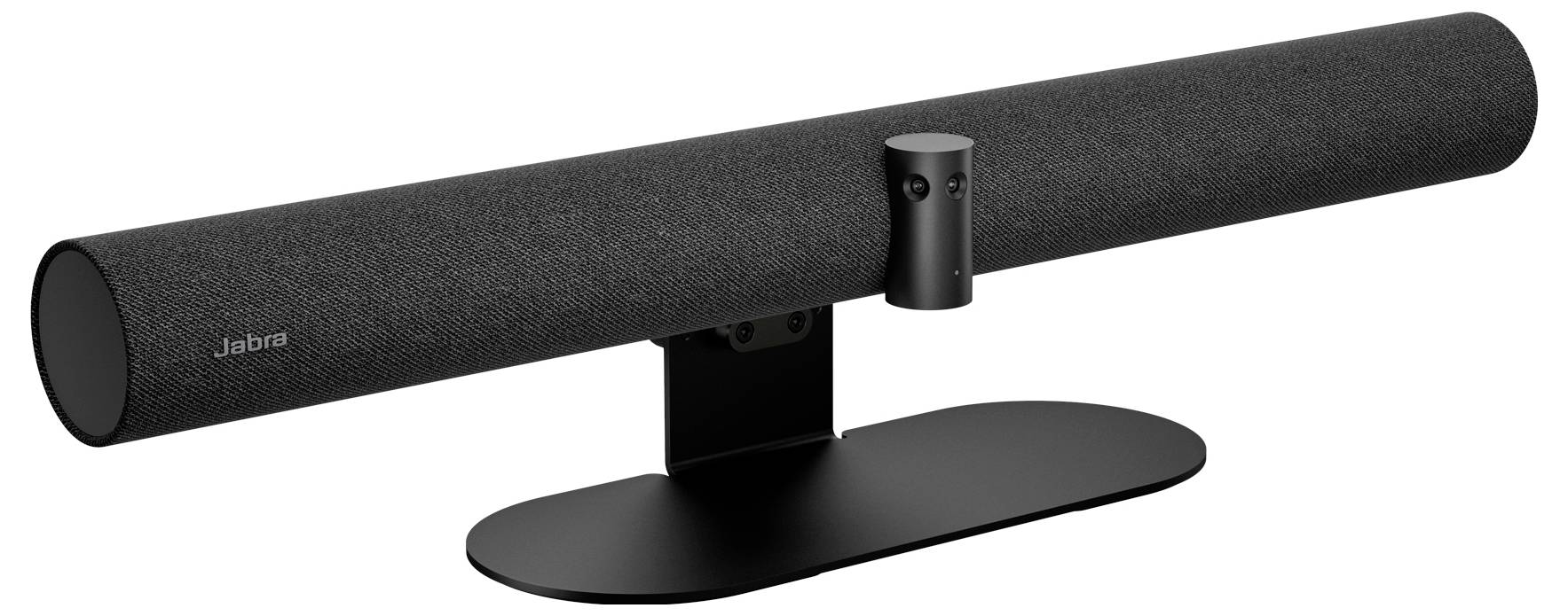 Una elegante soundbar nera con esterno in tessuto e forma cilindrica, montata su una base piatta, dotata di una piccola fotocamera centrale.