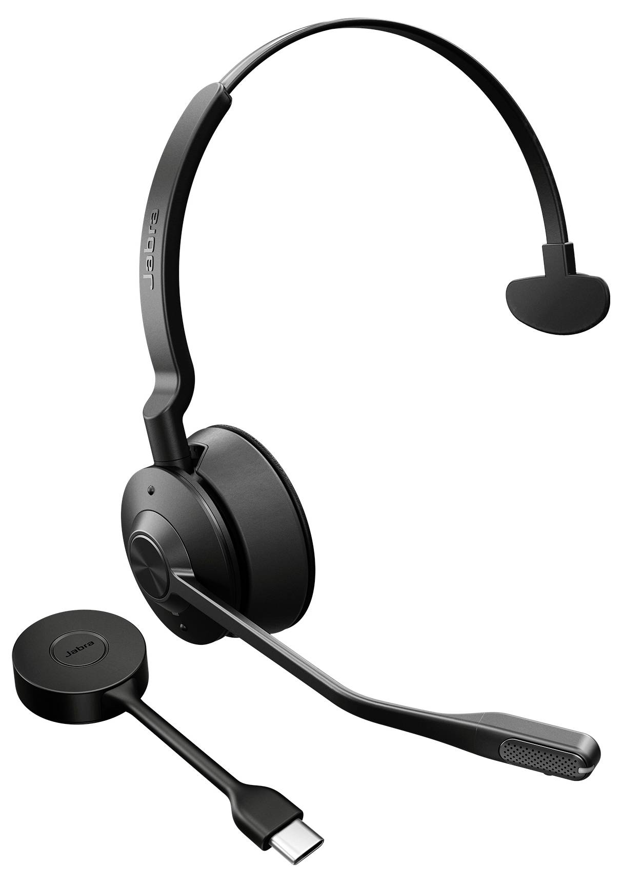 Un auricolare nero monoauricolare con microfono è visualizzato insieme a un adattatore USB-C.