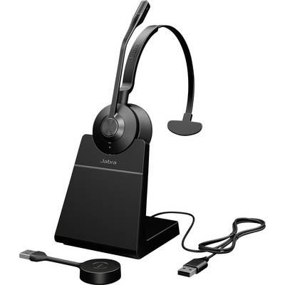 Un auricolare wireless nero su un supporto di ricarica con cavo USB, adatto per uso professionale o d'ufficio.