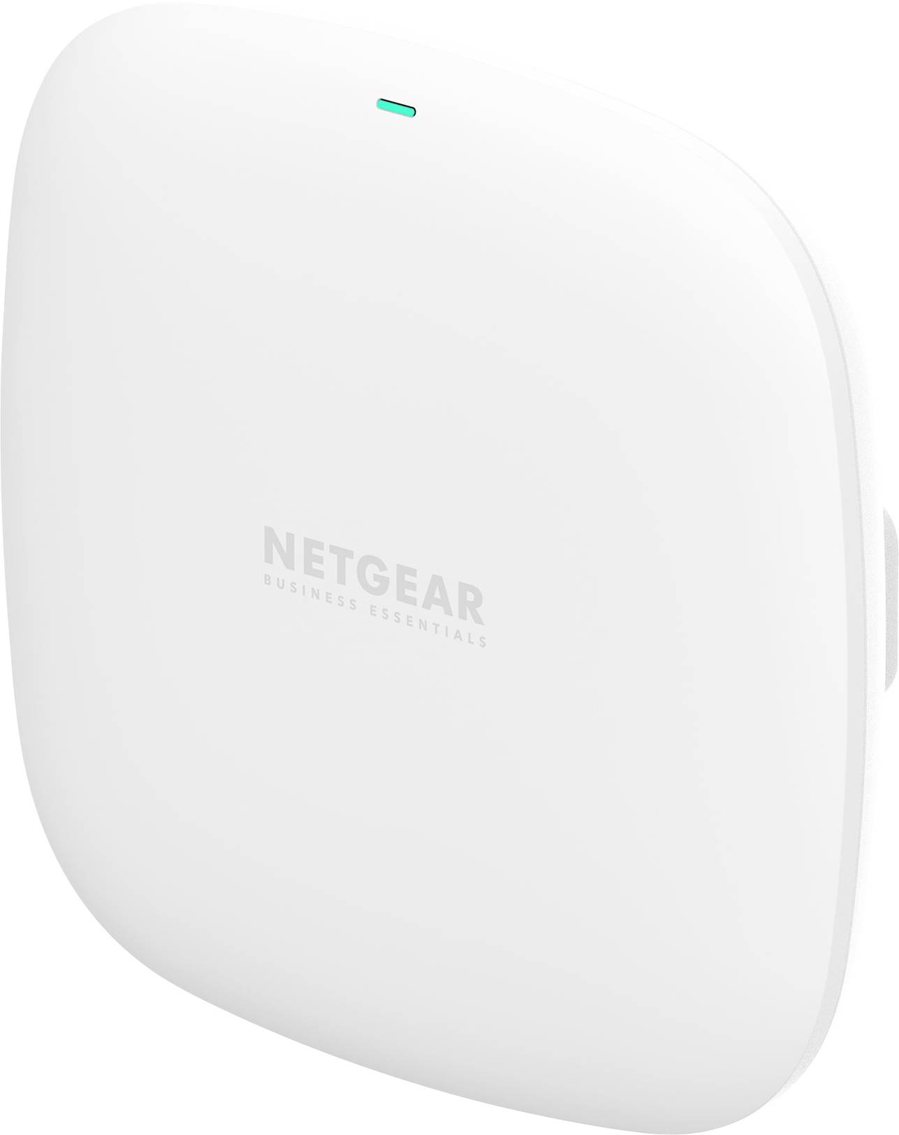 Un punto di accesso WiFi NETGEAR bianco con una piccola spia luminosa verde sulla parte superiore.