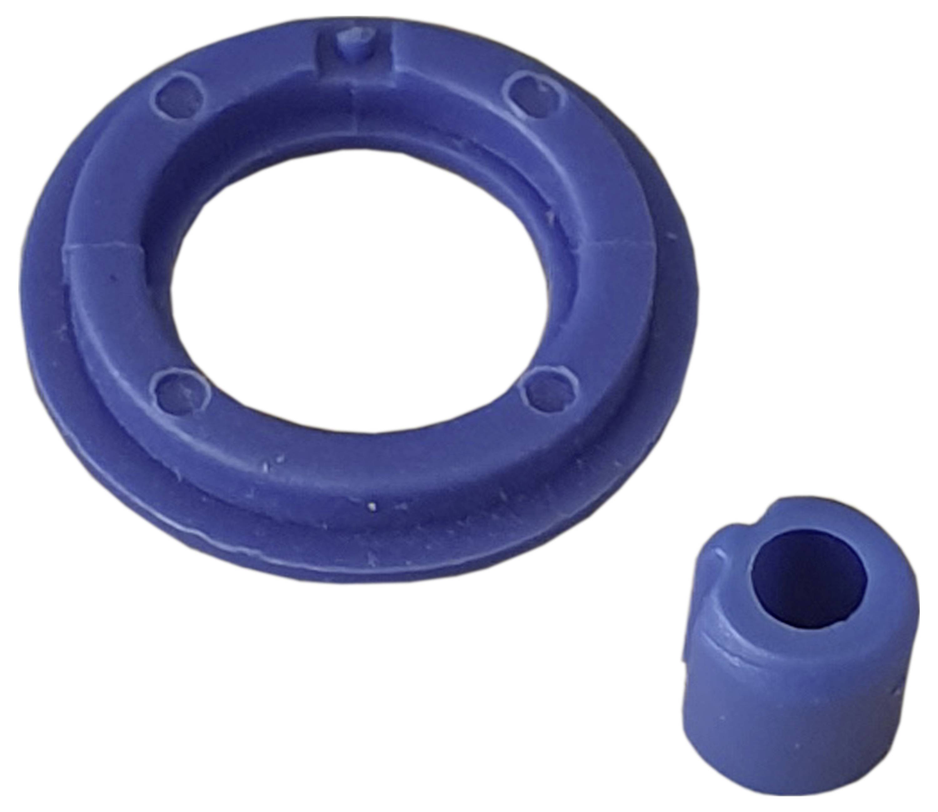Un anello blu e un pezzo cilindrico, possibilmente componenti per l'assemblaggio o la riparazione, sono mostrati su uno sfondo bianco.