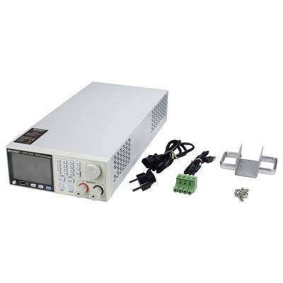 Alimentatore DC da banco con display, tastiera e manopola di regolazione, mostrato con cavi di alimentazione, connettore di terminale, staffa di montaggio e viti.