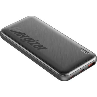 Una elegante batteria esterna Energizer nera con quattro piccole spie luminose a LED e porte USB sul lato.