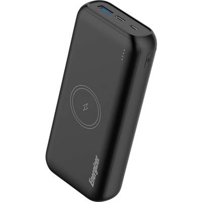 Power bank portatile nero con pad di ricarica wireless e tre porte USB, una USB-A e due USB-C. Il logo del produttore riporta 'Energizer'.