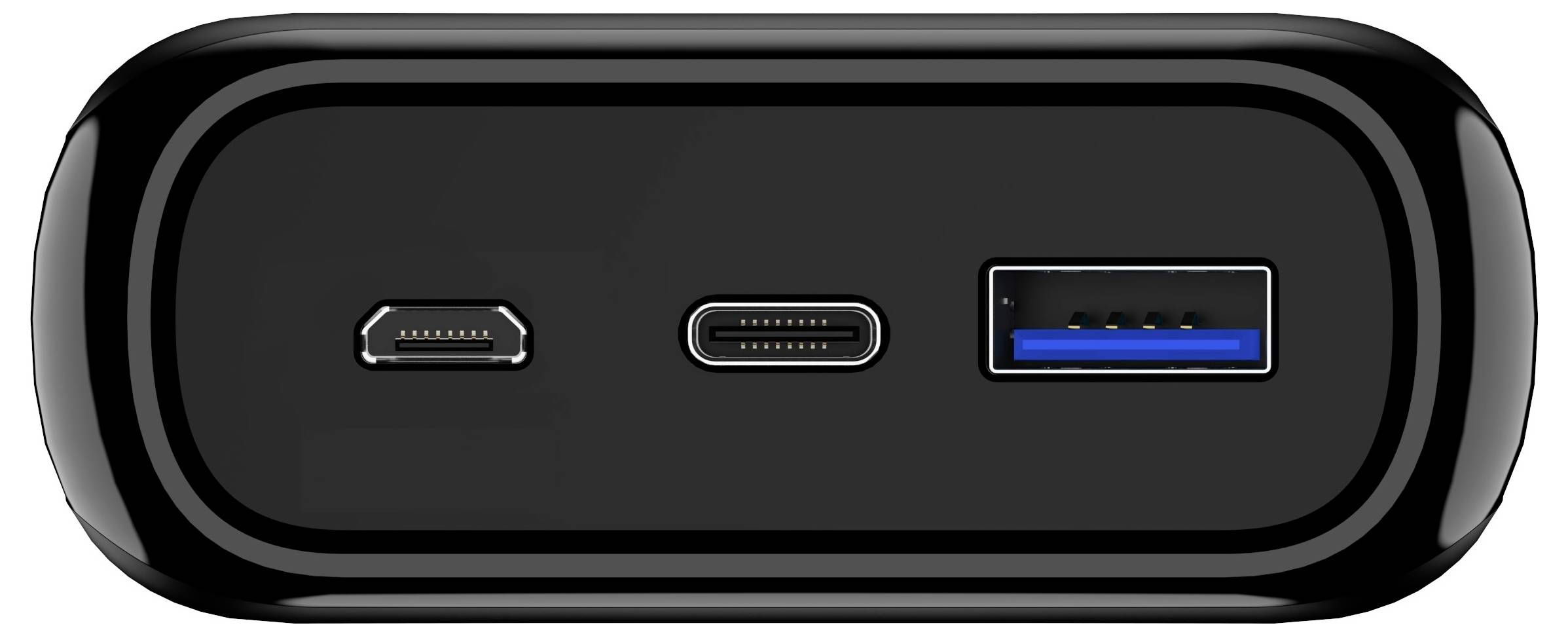 'Visualizzazione ravvicinata di tre porte su un dispositivo nero: micro USB, USB-C e USB-A.'