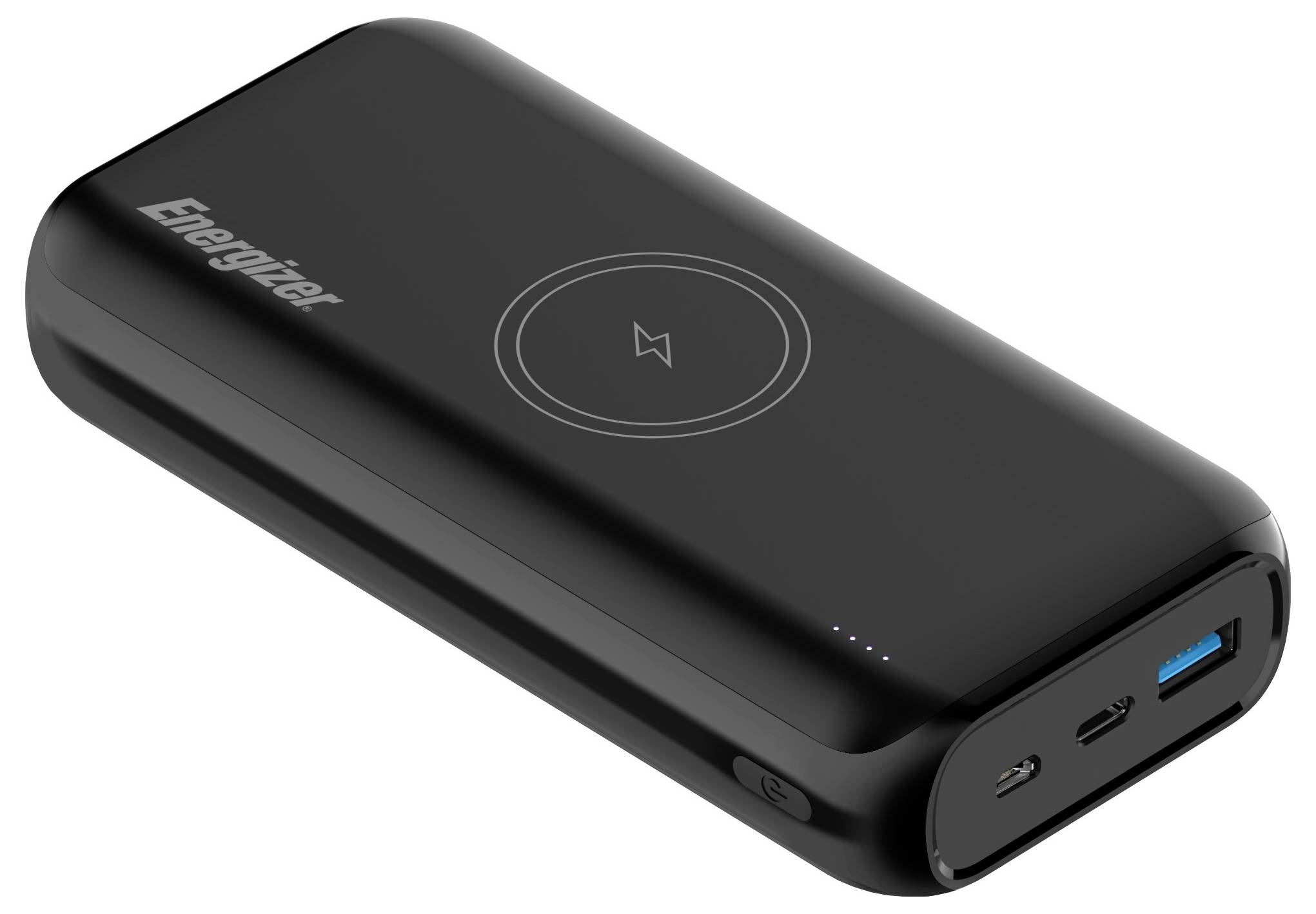 Una power bank Energizer nera con simbolo di ricarica wireless sulla parte superiore, dotata di porte USB e USB-C insieme a indicatori LED.