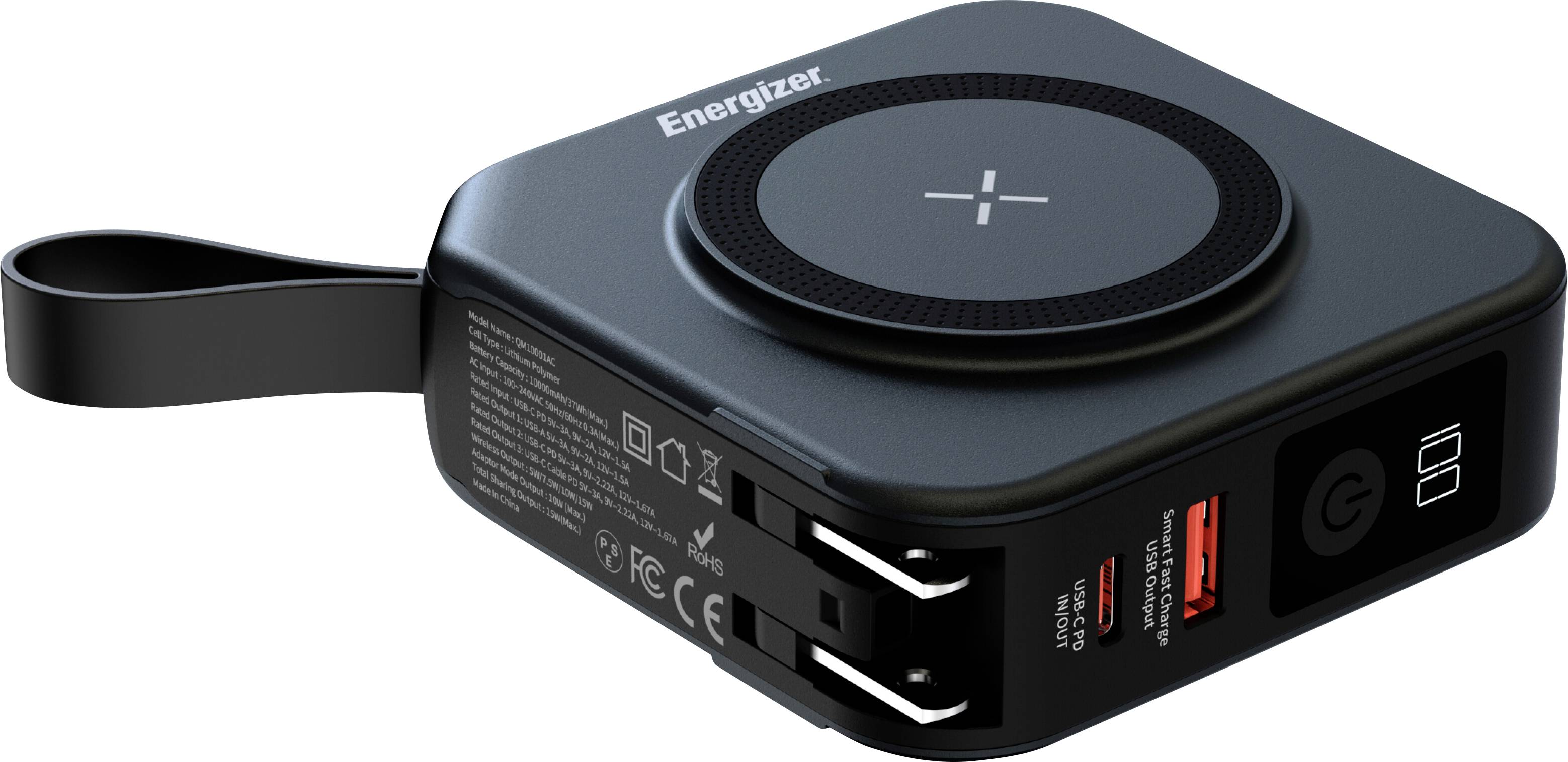 Un power bank di ricarica wireless nero con logo 'Energizer', dotato di un cuscinetto di ricarica circolare e due porte USB con un pulsante di alimentazione.