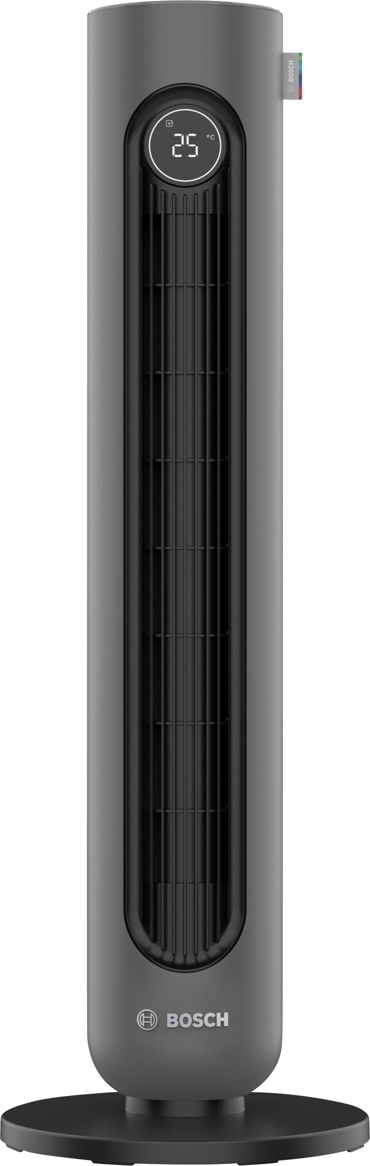 Un ventilatore a torre Bosch grigio con display digitale che mostra '25'.
