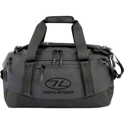 Borsa da viaggio grigio scuro con logo 'Highlander', due maniglie robuste, più cerniere, tasca laterale e tracolla regolabile.