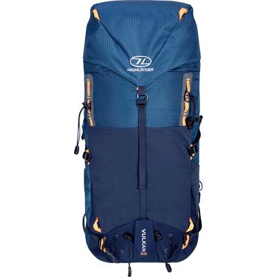 Un grande zaino da trekking blu con accenti arancioni, dotato di numerose cinghie e tasche, marchiato con 'Highlander' e 'Vulkan'.