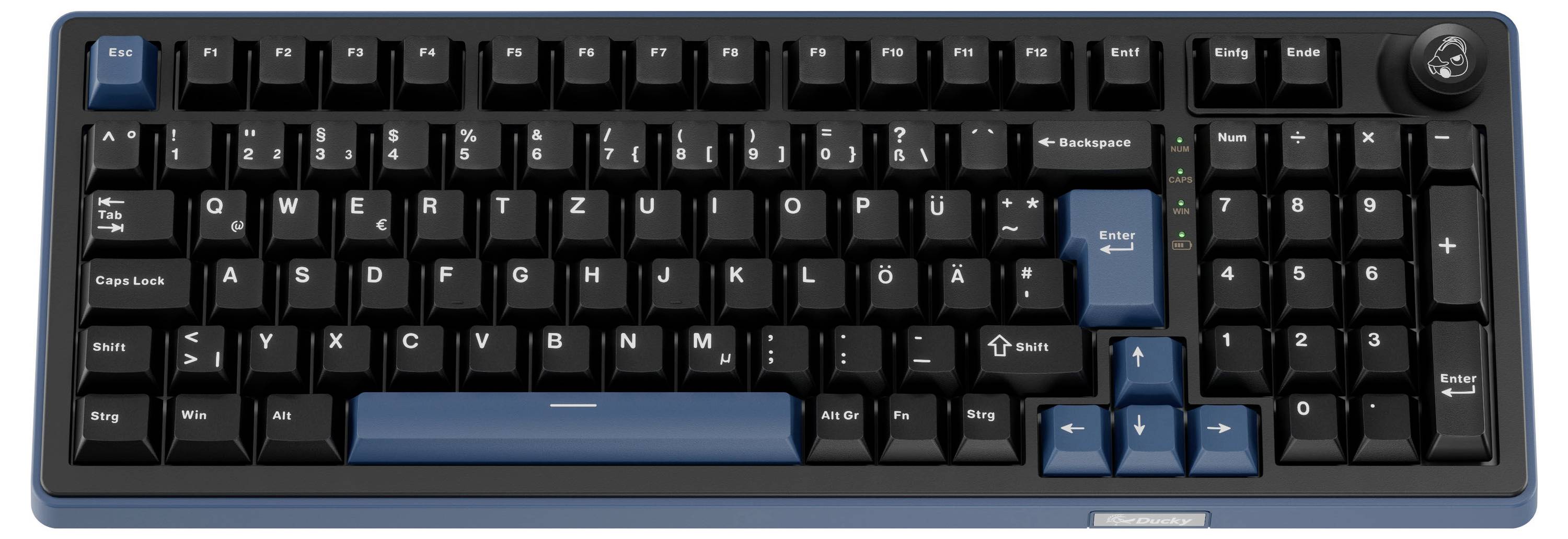 Tastiera meccanica compatta nera con accenti blu, che include un tastierino numerico, tasti freccia e tasti funzione in alto.
