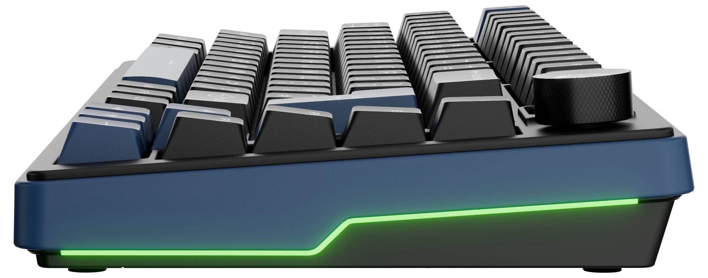 Vista laterale di una tastiera meccanica compatta con tasti neri e blu e una striscia LED verde luminosa lungo la base.