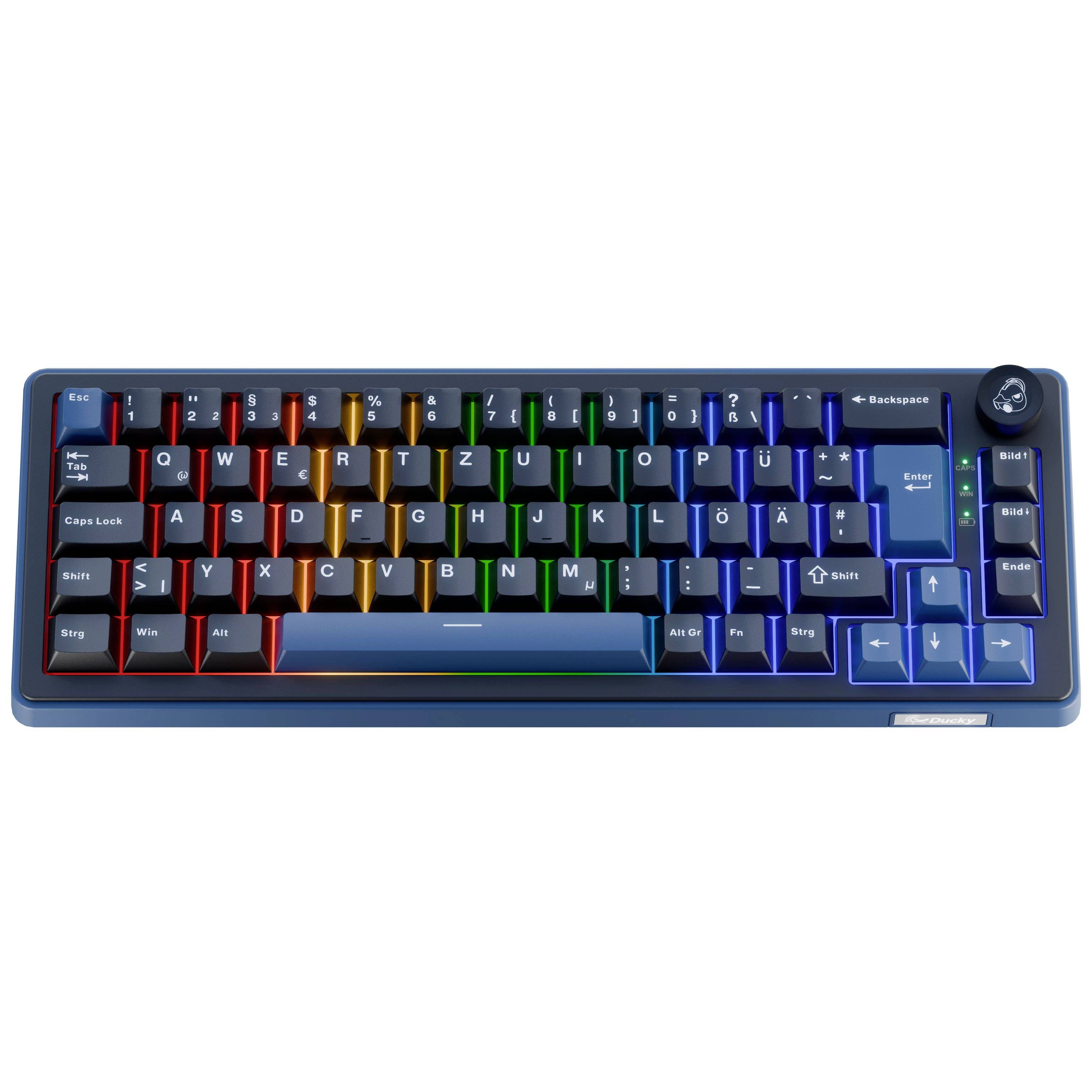 Tastiera meccanica RGB compatta con custodia blu, tasti retroilluminati multicolore e una manopola rotante in alto a destra.