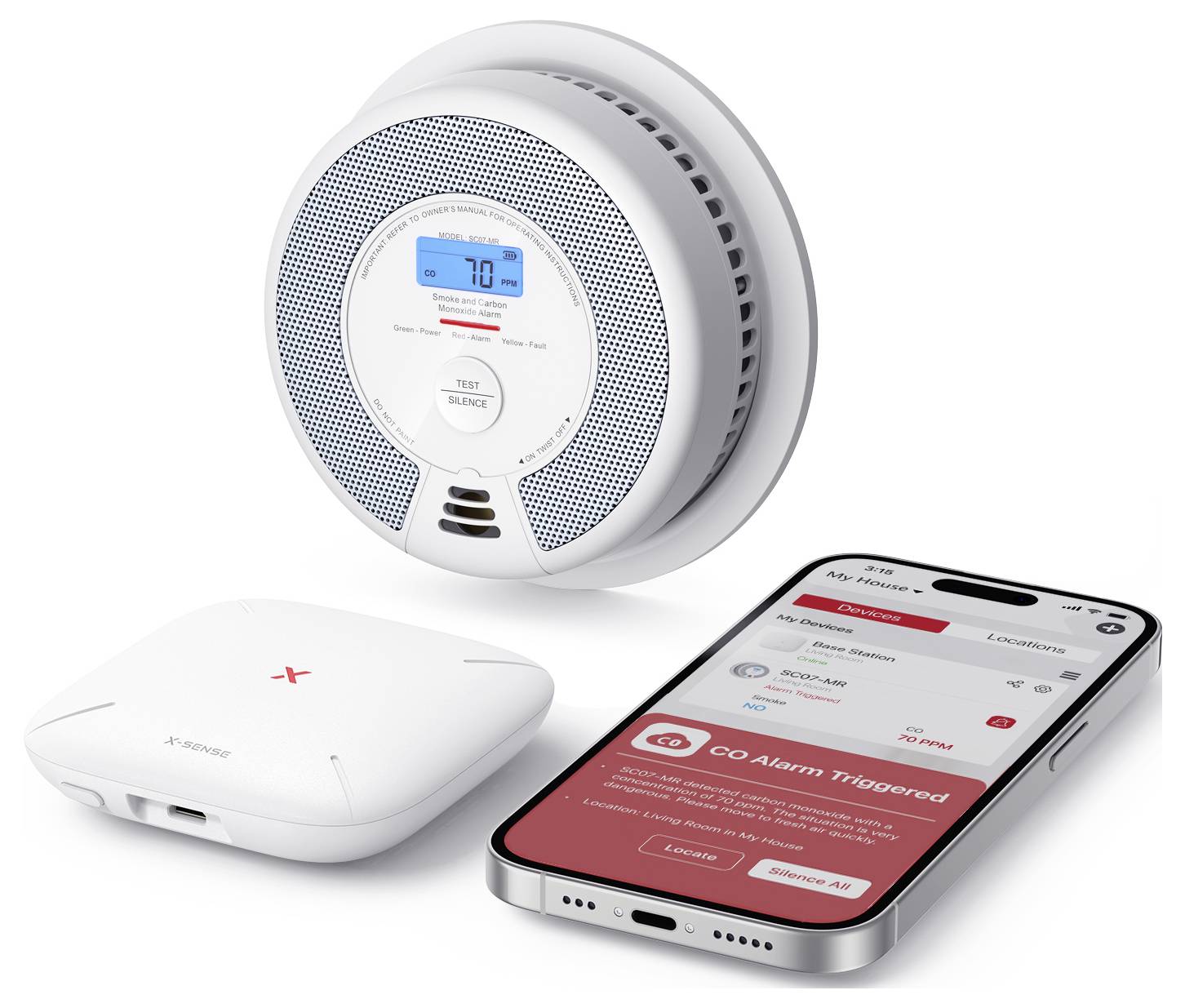 Un sistema di sicurezza domestica composto da un rivelatore di fumo, un dispositivo gateway e un'app per smartphone che visualizza un avviso "Allarme CO Attivato".