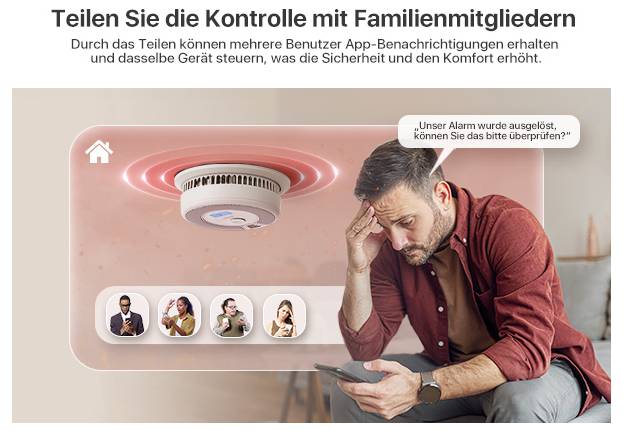 Un uomo controlla una notifica sul suo telefono da un rilevatore di fumo, con l'opzione per condividere il controllo.