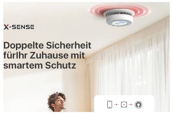 Rivelatore di fumo al soffitto con luce rossa, accanto al testo: 'Doppia sicurezza per la vostra casa con protezione intelligente'. Una persona guarda verso l'alto.