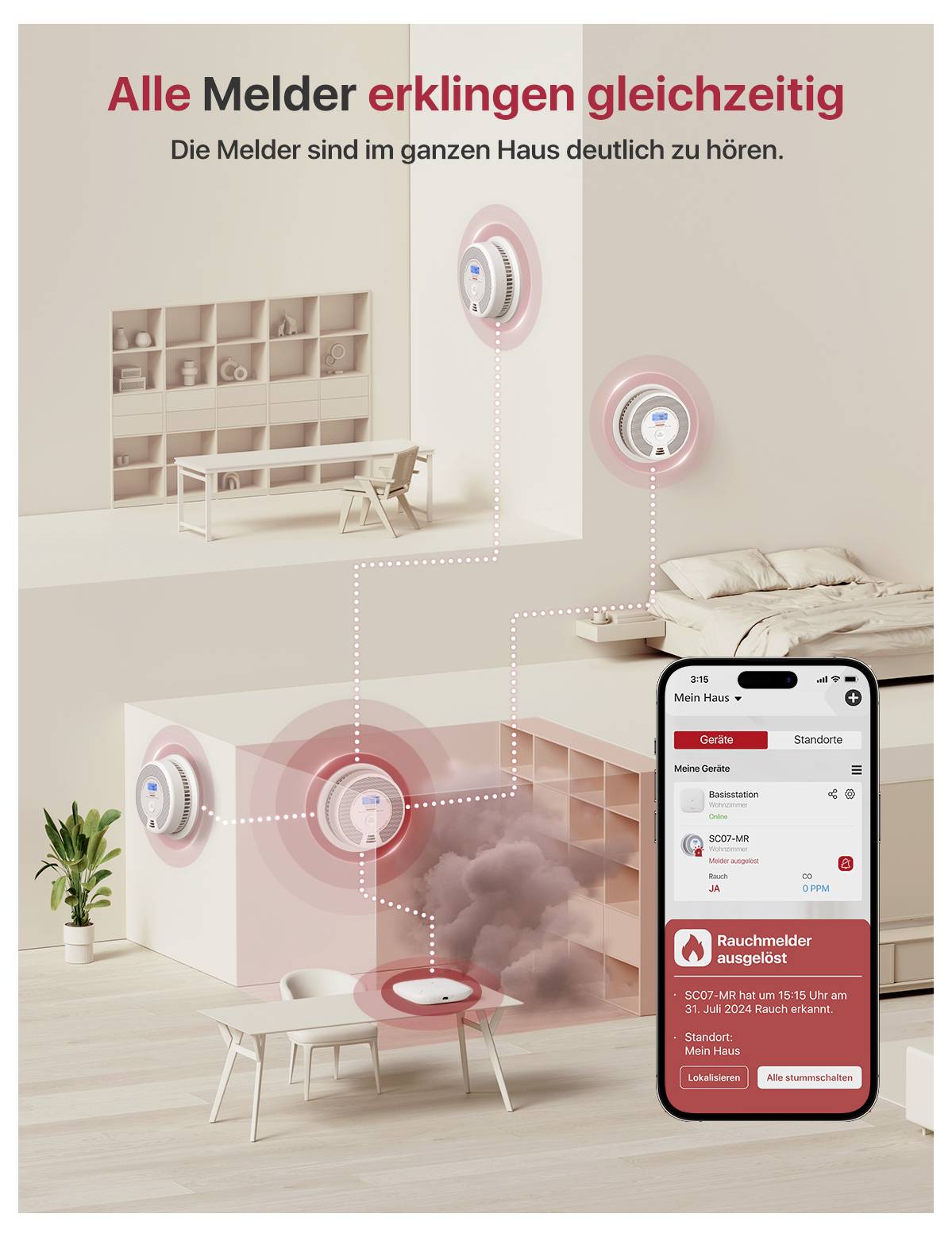 "Tutti gli allarmi suonano contemporaneamente": Illustrazione di una casa con rilevatori di fumo, collegati a un'app su uno smartphone.