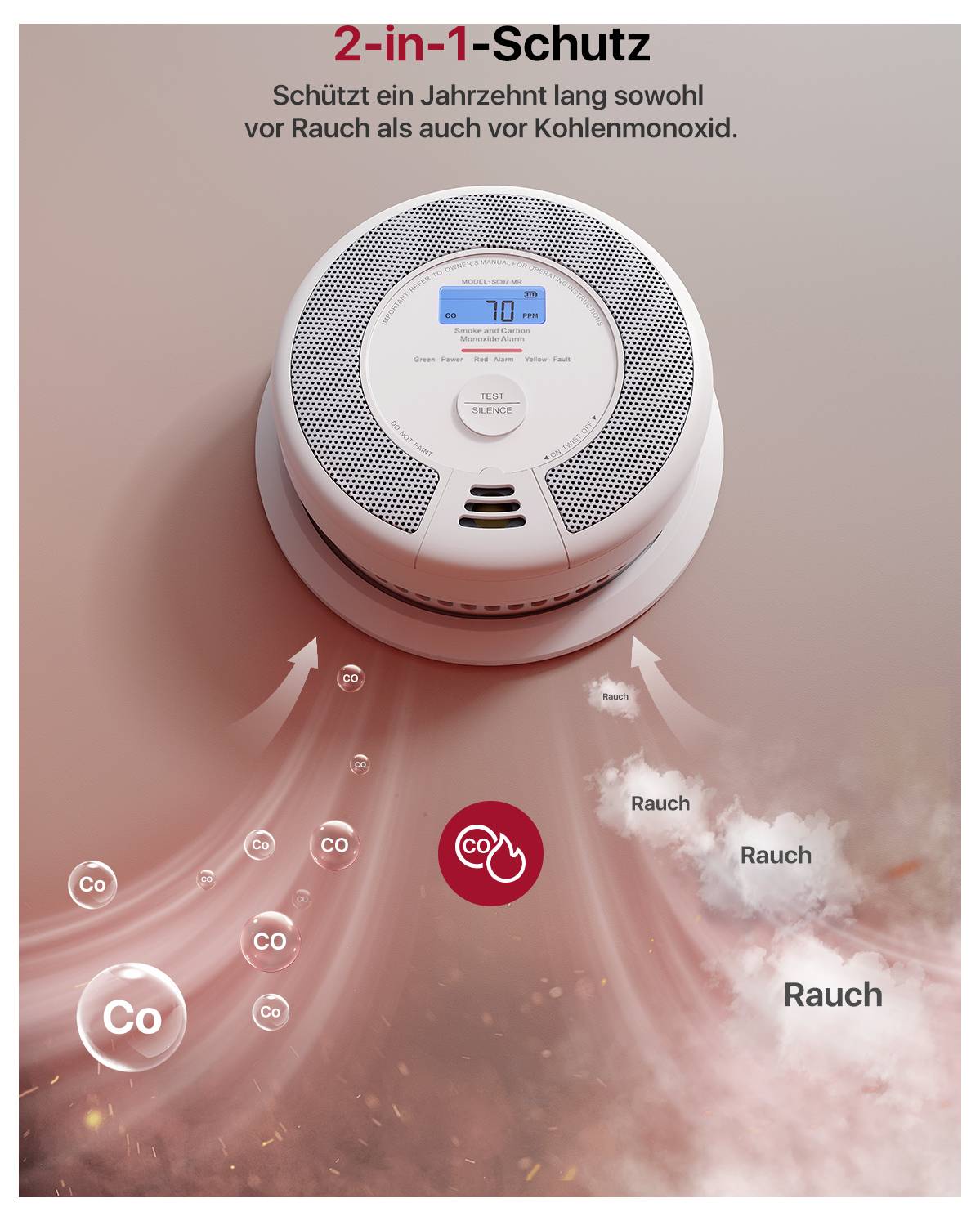 Rilevatore di fumo con display digitale mostra "70"; il testo dice "Protezione 2-in-1". Molecole di fumo e monossido di carbonio visualizzate.