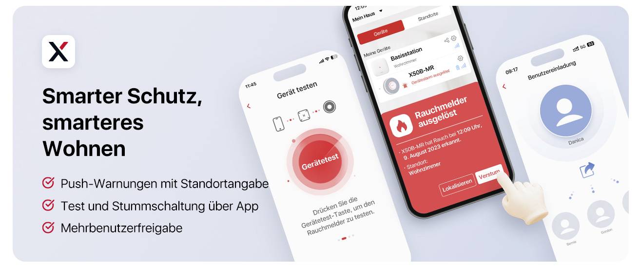 Un'immagine promozionale che mostra l'interfaccia di un'app di sicurezza per la casa intelligente su tre telefoni con funzioni come notifiche push, test e accesso degli utenti.