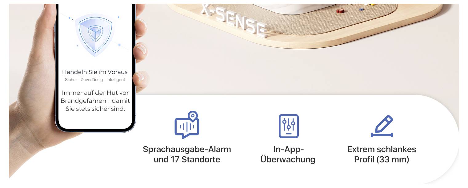 Una persona tiene un telefono con un'app di sicurezza. Di seguito, le icone evidenziano le funzioni: allarme vocale e 17 posizioni, monitoraggio in-app e profilo sottile (33 mm).