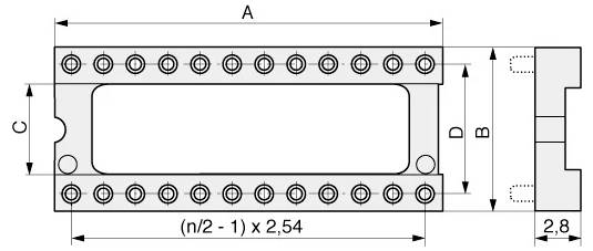 'Dimensioni Connettore IC': Disegno tecnico di un connettore per circuito integrato (IC). Mostra le dimensioni A, B, C e la spaziatura dei pin etichettate.