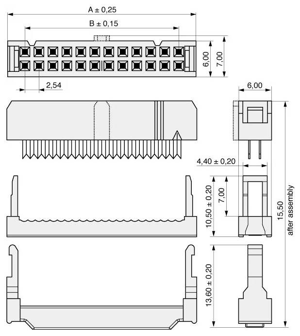 'Diagramma di connettore elettrico con dimensioni: spaziatura dei pin di 2,54 mm, larghezza di 6 mm, altezza di 7 mm e lunghezza di 13,60 mm dopo l'assemblaggio.'
