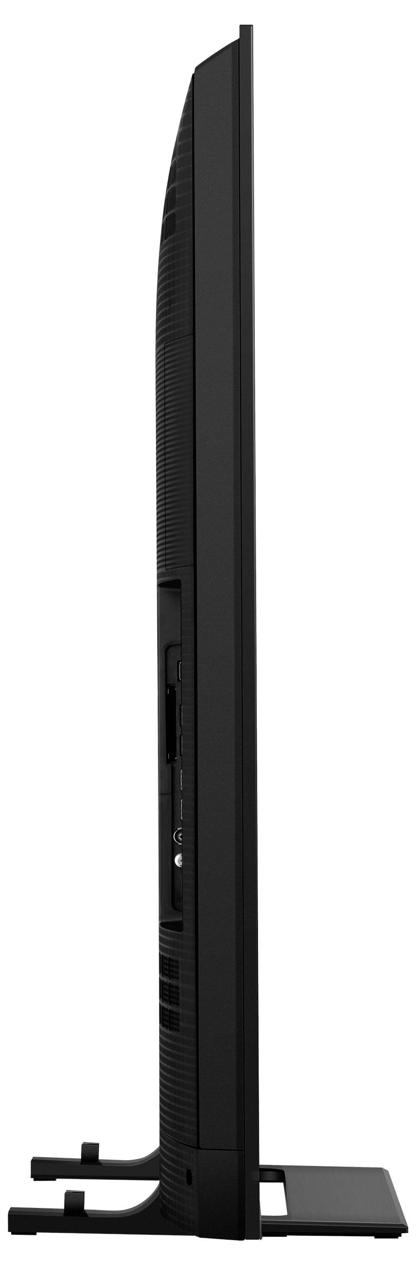 Una vista laterale di una sottile TV a schermo piatto moderna in piedi su un supporto nero minimalista, che mostra il suo design elegante e sottile.