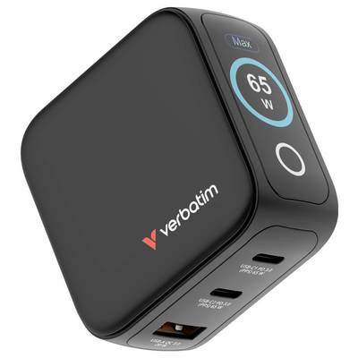 Un caricabatterie Verbatim nero con una potenza massima di 65W dispone di porte USB-C e USB-A, mostrando "Max 65W" su uno schermo digitale.