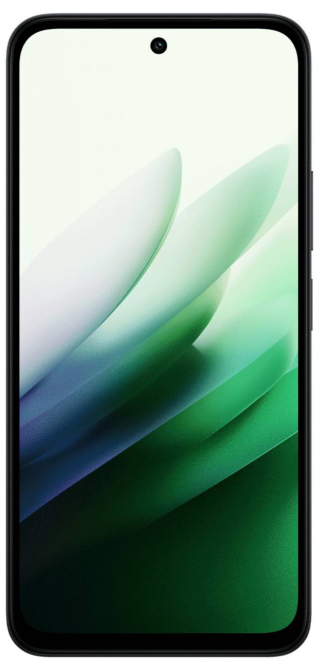 Uno smartphone con cornice nera visualizza un'opera d'arte digitale di petali verdi e bianchi traslucidi sovrapposti sul suo schermo.